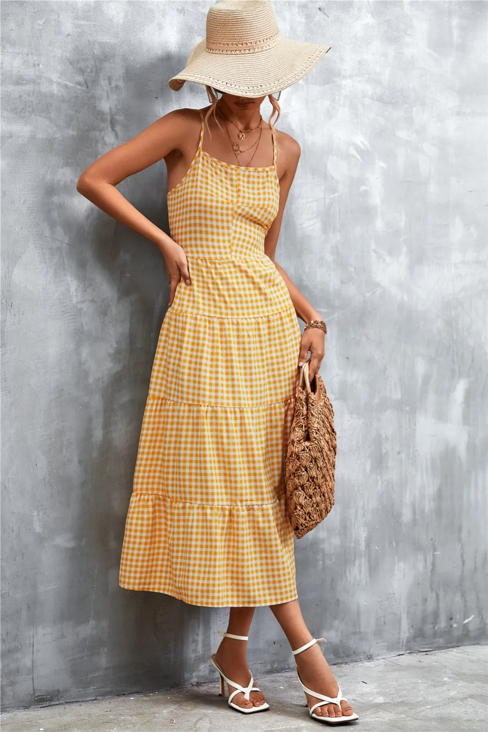 🌼 Plaid Square Neck Midi Cami Dress 🌼