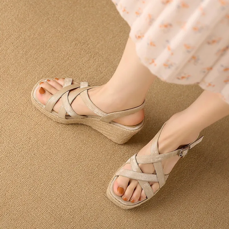 90mm Slingback Espadrille-Wedge Leather Sandals in Apricot/Brown/Black