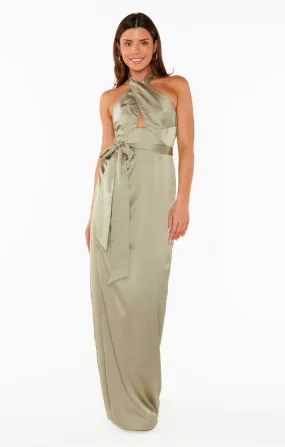 Adele Halter Maxi Dress ~ Moss Green Luxe Satin