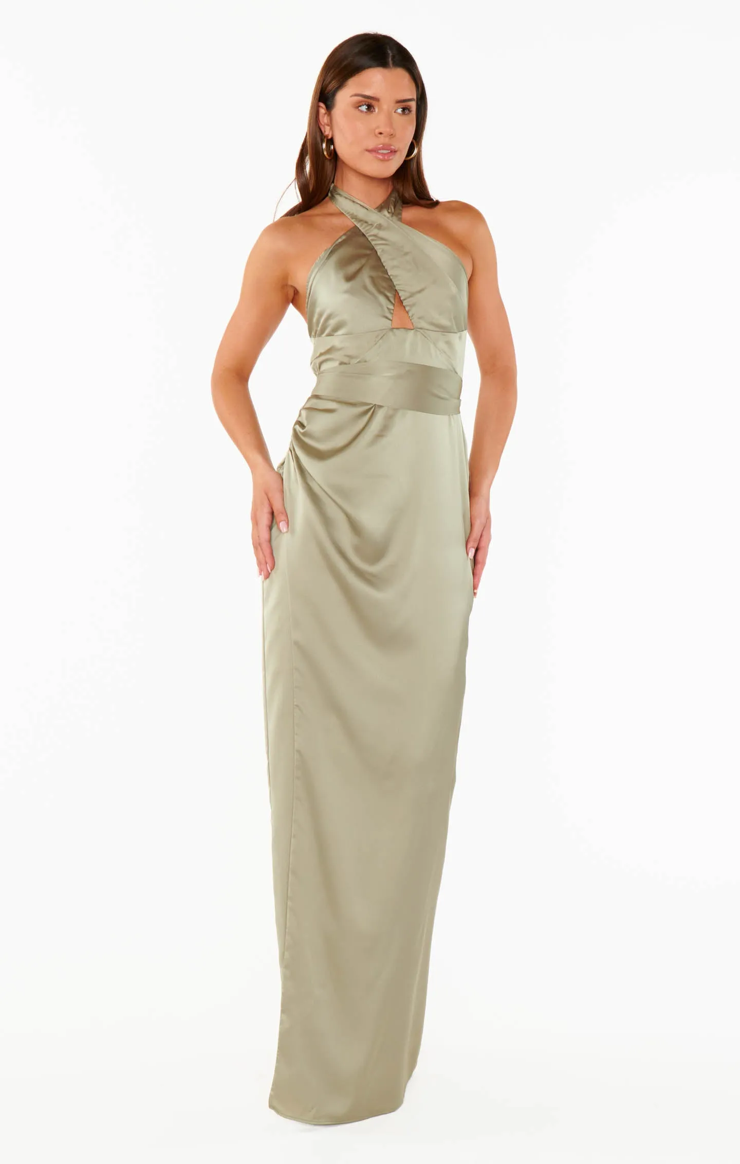 Adele Halter Maxi Dress ~ Moss Green Luxe Satin