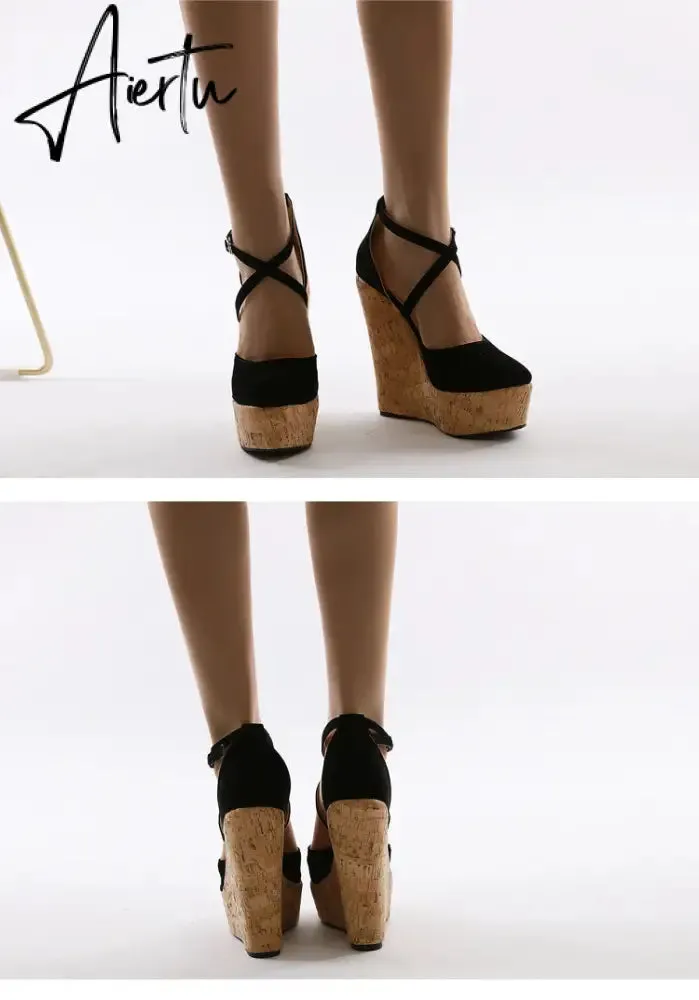 Aiertu Spring Sexy Mary Janes Wedges Platforms Pumps Woman Fetish Heel Round Toe Stripper Buckle Strap Party Wedding Shoes