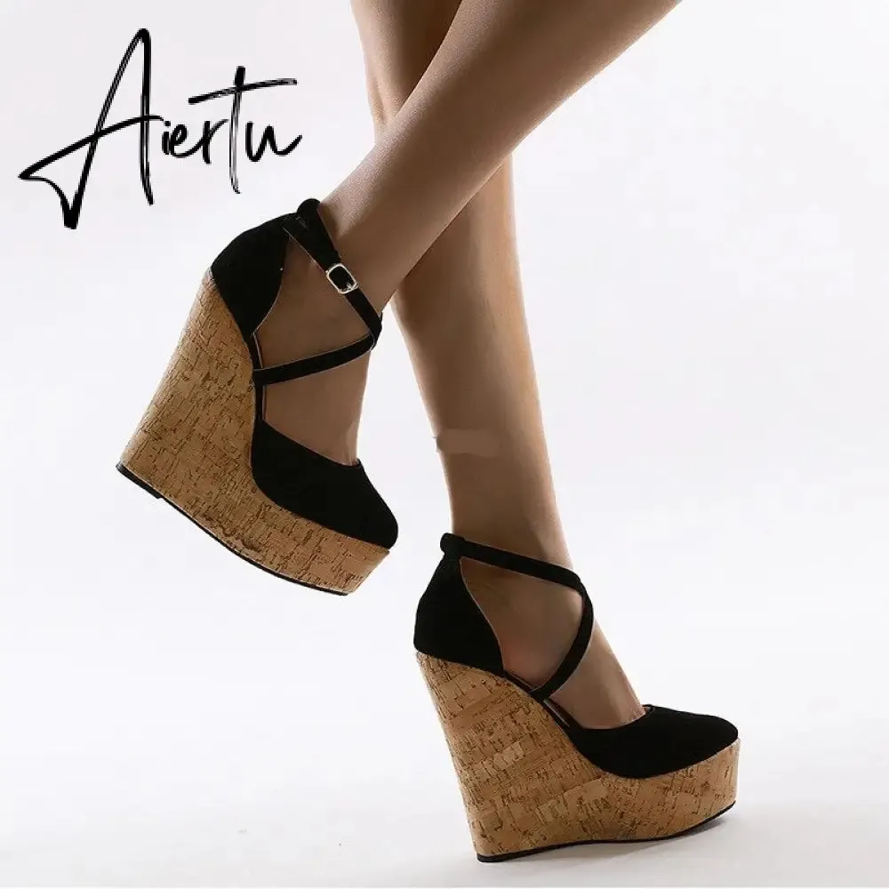 Aiertu Spring Sexy Mary Janes Wedges Platforms Pumps Woman Fetish Heel Round Toe Stripper Buckle Strap Party Wedding Shoes