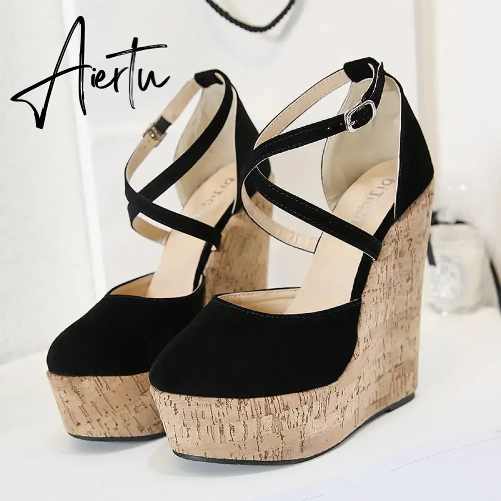 Aiertu Spring Sexy Mary Janes Wedges Platforms Pumps Woman Fetish Heel Round Toe Stripper Buckle Strap Party Wedding Shoes