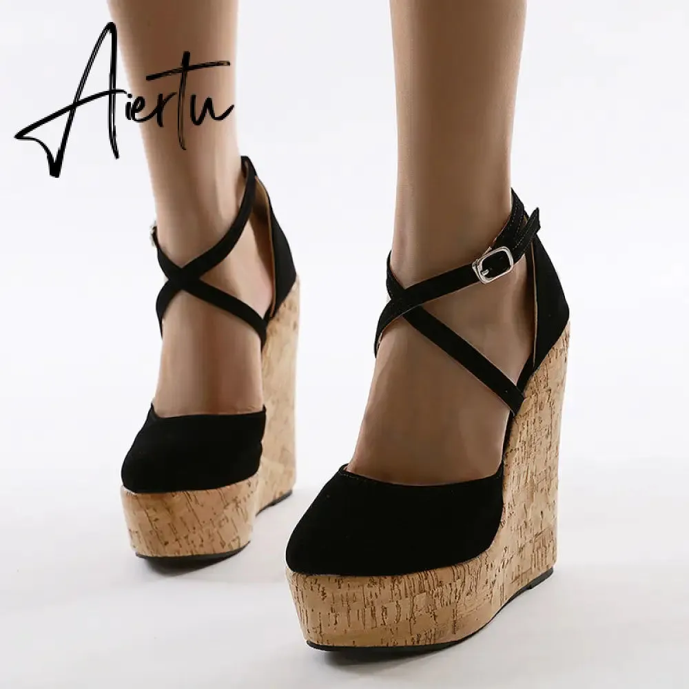 Aiertu Spring Sexy Mary Janes Wedges Platforms Pumps Woman Fetish Heel Round Toe Stripper Buckle Strap Party Wedding Shoes