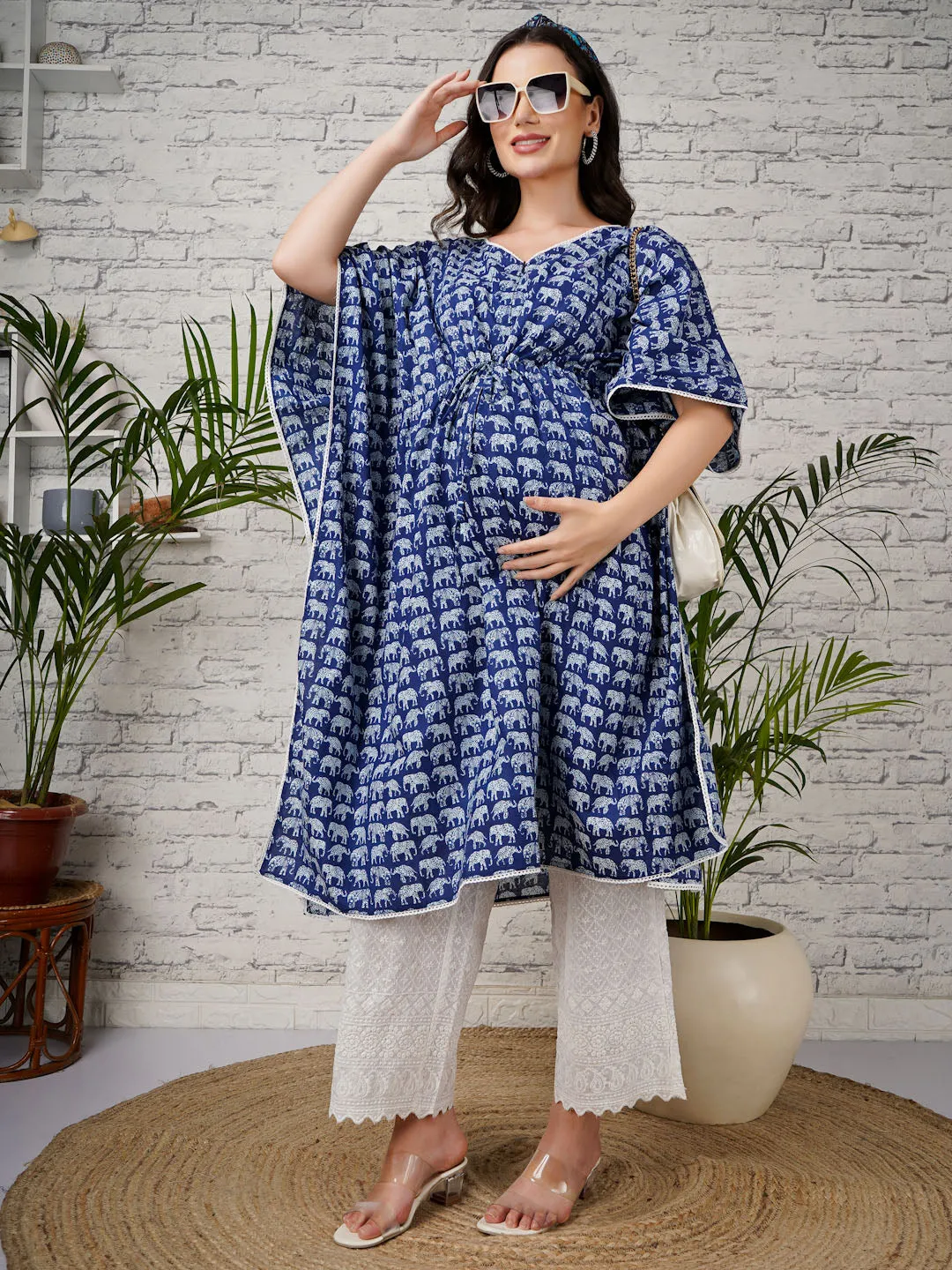 ALIA - DARK BLUE AND WHITE TRADITIONAL PRINT MATERNITY KAFTAN SET WITH EMBROI