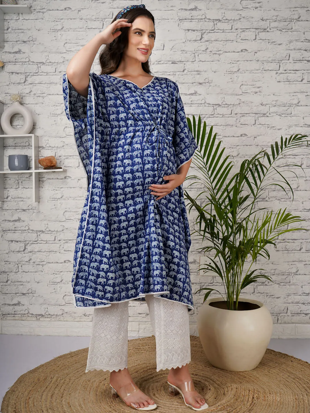 ALIA - DARK BLUE AND WHITE TRADITIONAL PRINT MATERNITY KAFTAN SET WITH EMBROI