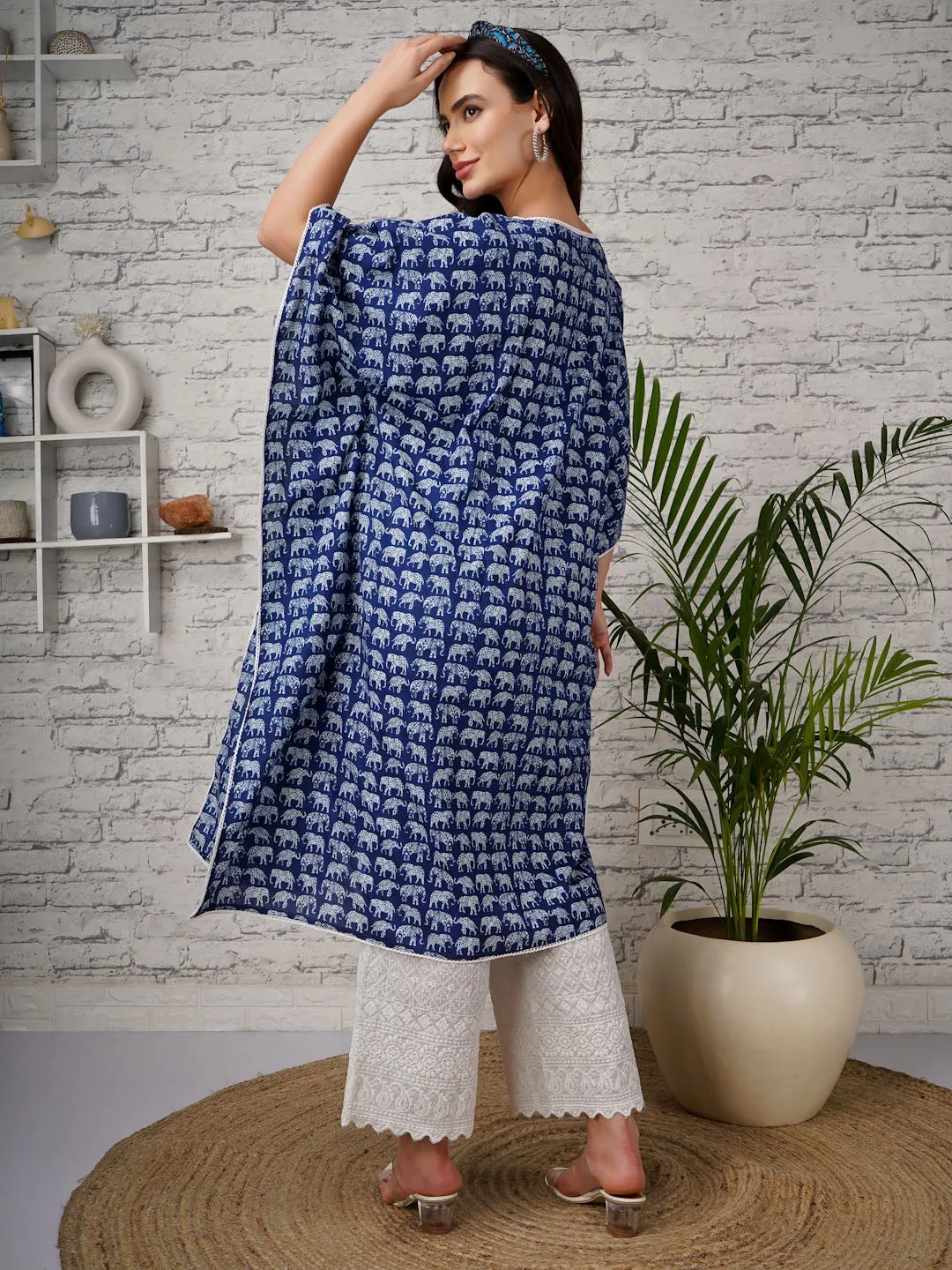 ALIA - DARK BLUE AND WHITE TRADITIONAL PRINT MATERNITY KAFTAN SET WITH EMBROI