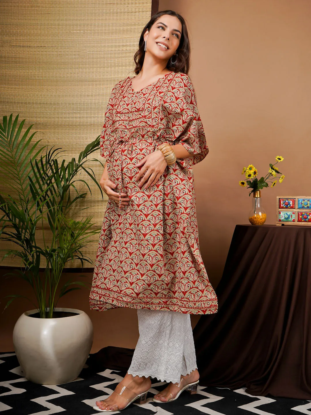 ALIA - RED AND WHITE GEOMETRIC PRINT MATERNITY  KAFTAN SET WITH EMBROI