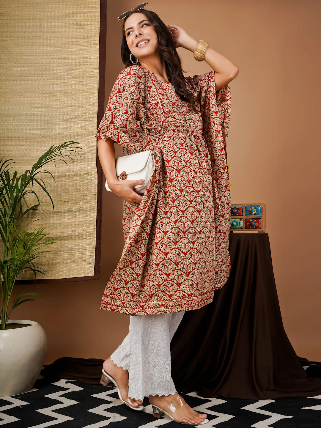 ALIA - RED AND WHITE GEOMETRIC PRINT MATERNITY  KAFTAN SET WITH EMBROI