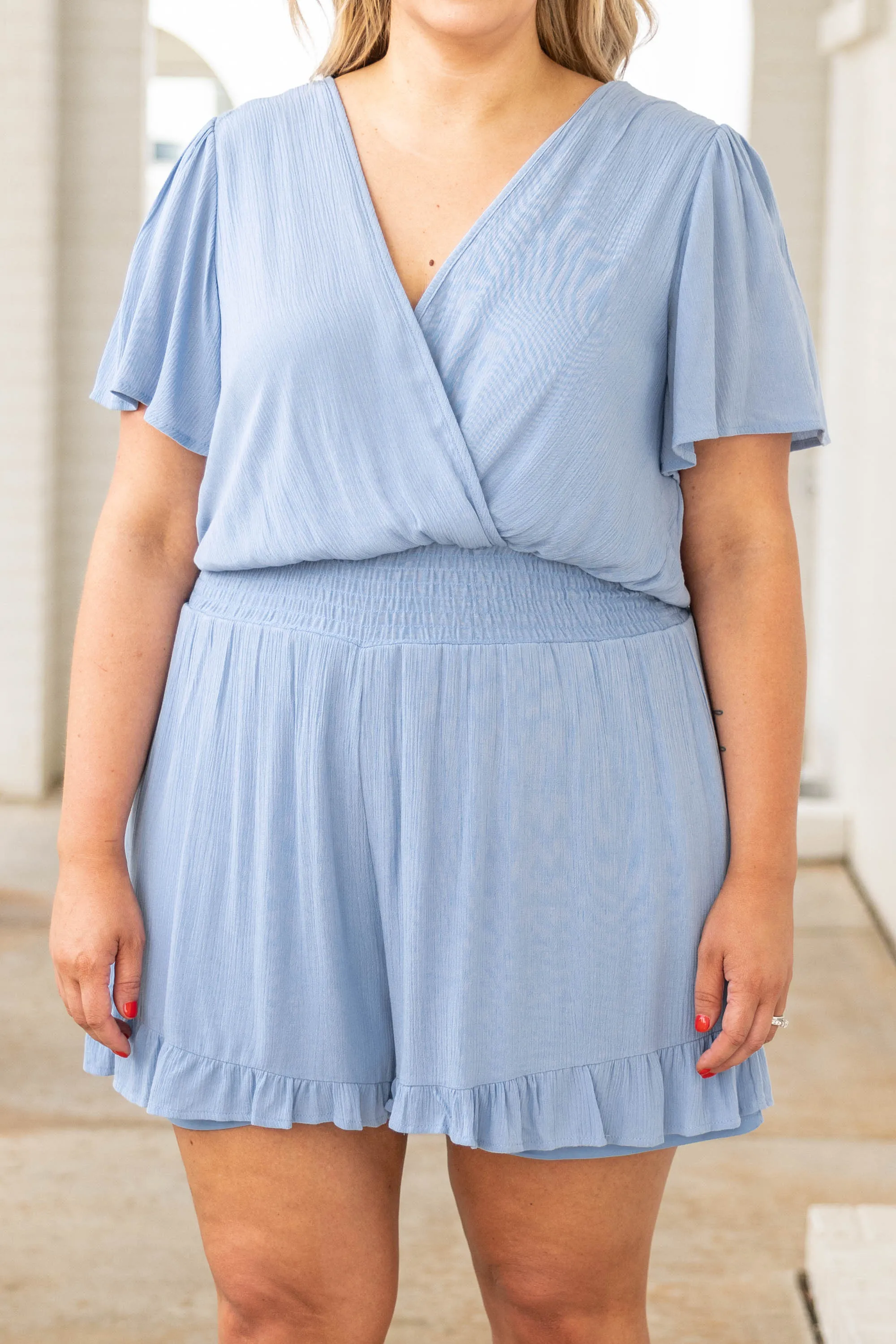 Always Punctual Romper, Dusty Blue