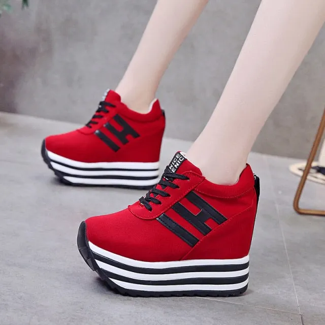 Amozae- Women Sneakers Fashion Women Height Increasing Breathable Lace-Up Wedges Sneakers Platform Shoes Canvas Woman Casual Shoes 11cm