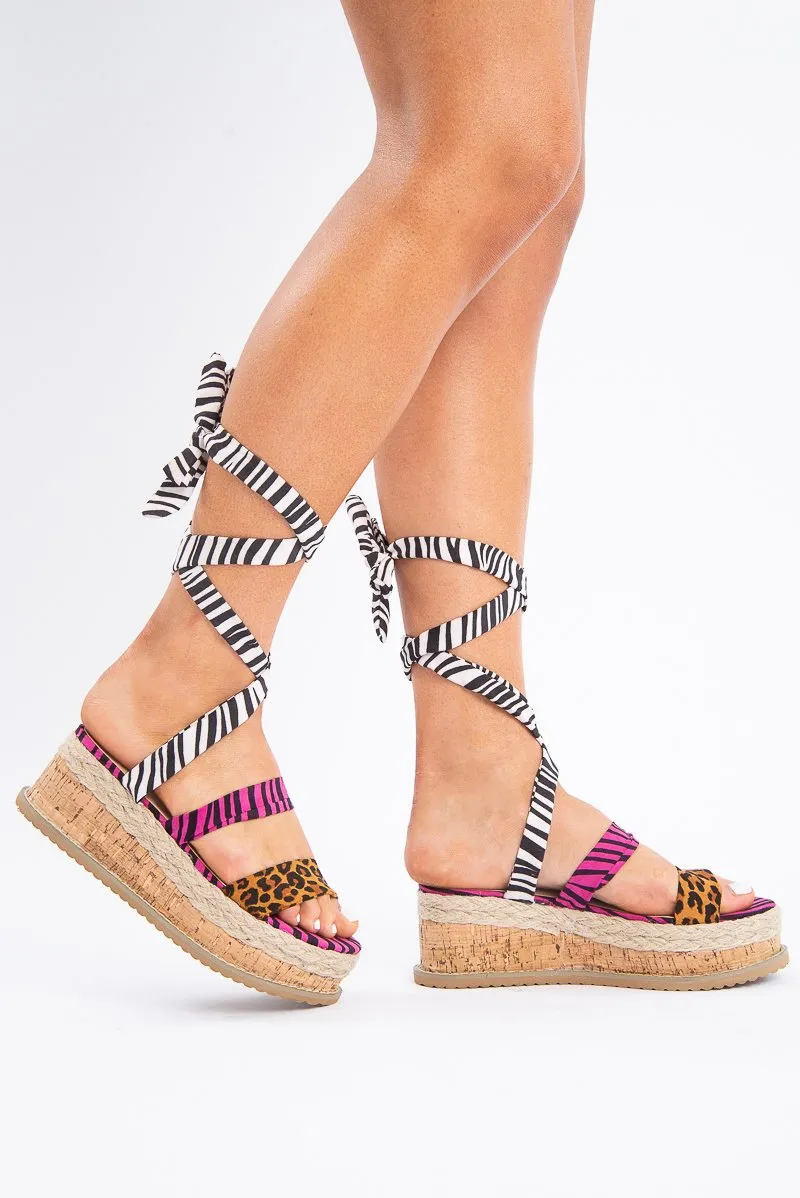 Animal Multi Print Lace Up Platform Wedges - Camara