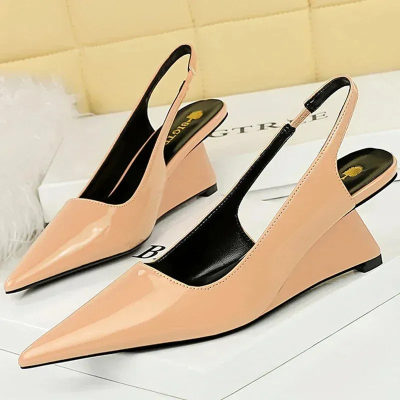 ARWEN AJH 2024 Women 6.5cm High Heels Pumps Lady Pointed Toe Wedges Strange Middle Low Heels White Nude Pink Mules Patent Leather Shoes