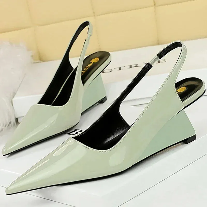 ARWEN AJH 2024 Women 6.5cm High Heels Pumps Lady Pointed Toe Wedges Strange Middle Low Heels White Nude Pink Mules Patent Leather Shoes