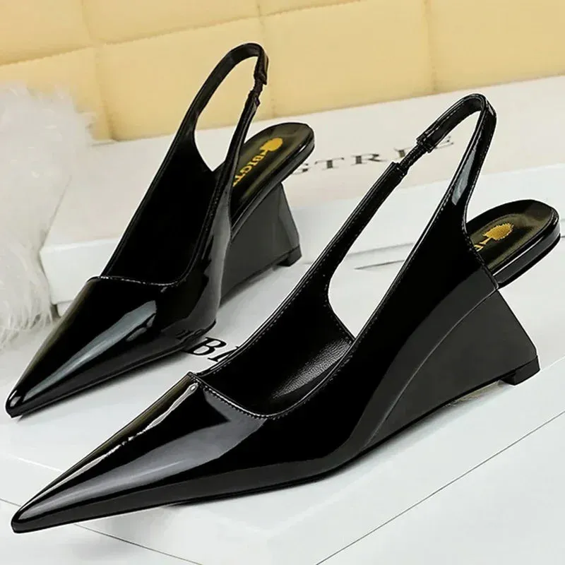 ARWEN AJH 2024 Women 6.5cm High Heels Pumps Lady Pointed Toe Wedges Strange Middle Low Heels White Nude Pink Mules Patent Leather Shoes