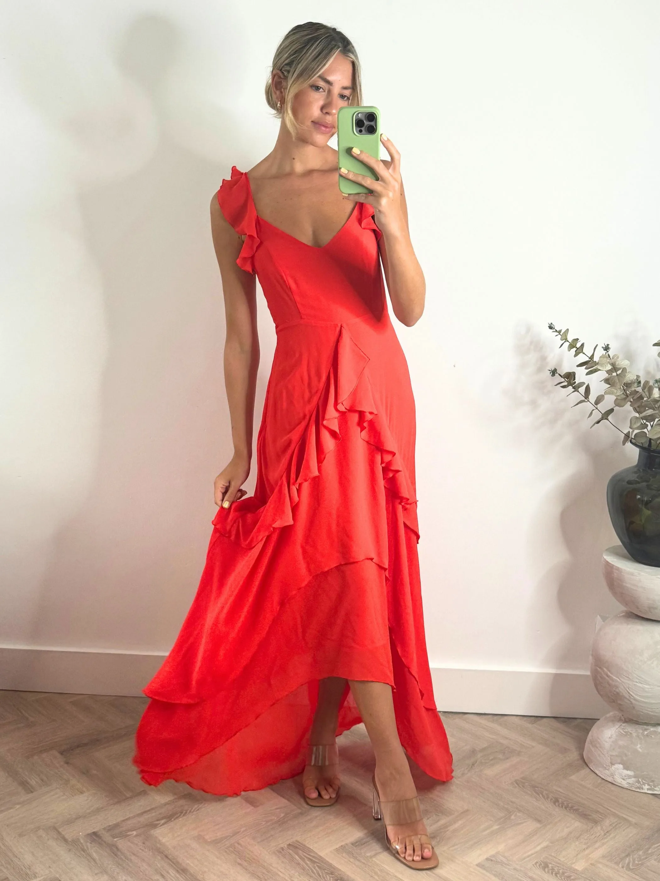 Bella Ruffle Detail Maxi Dress in Red