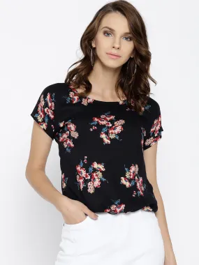 Berrylush Women Black & Maroon Floral Printed Round Neck Tie-Up Knot Regular Top