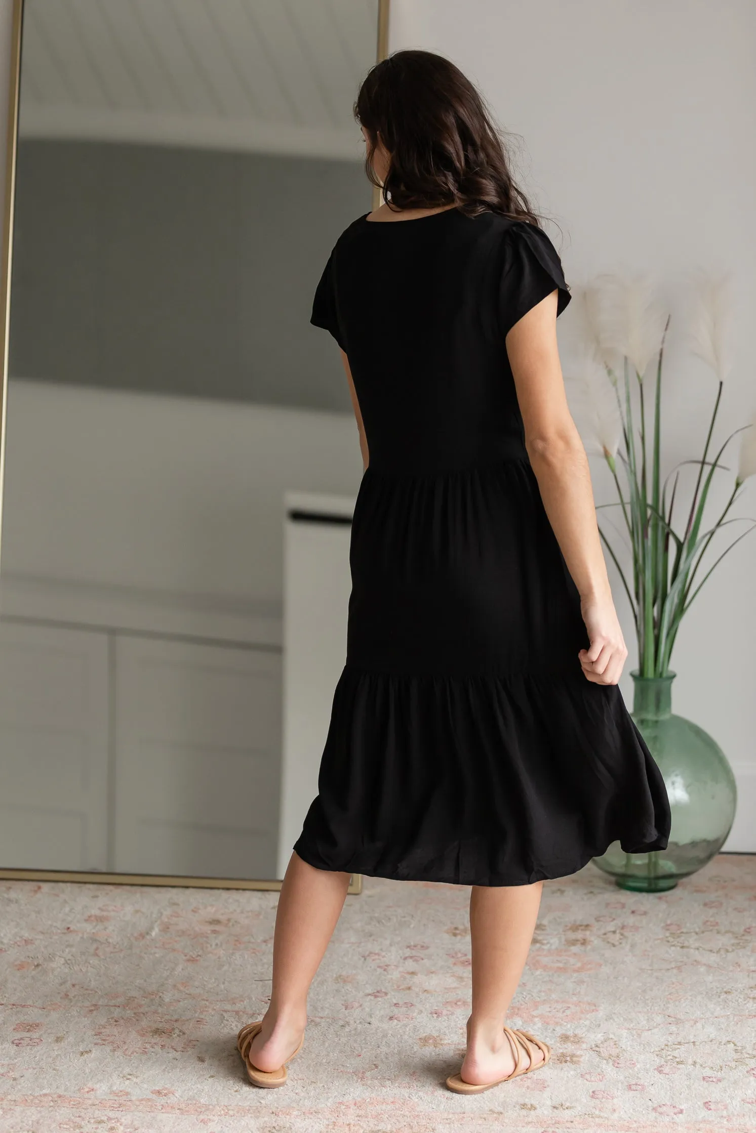 Black Button Up Tiered Midi Dress - FINAL SALE