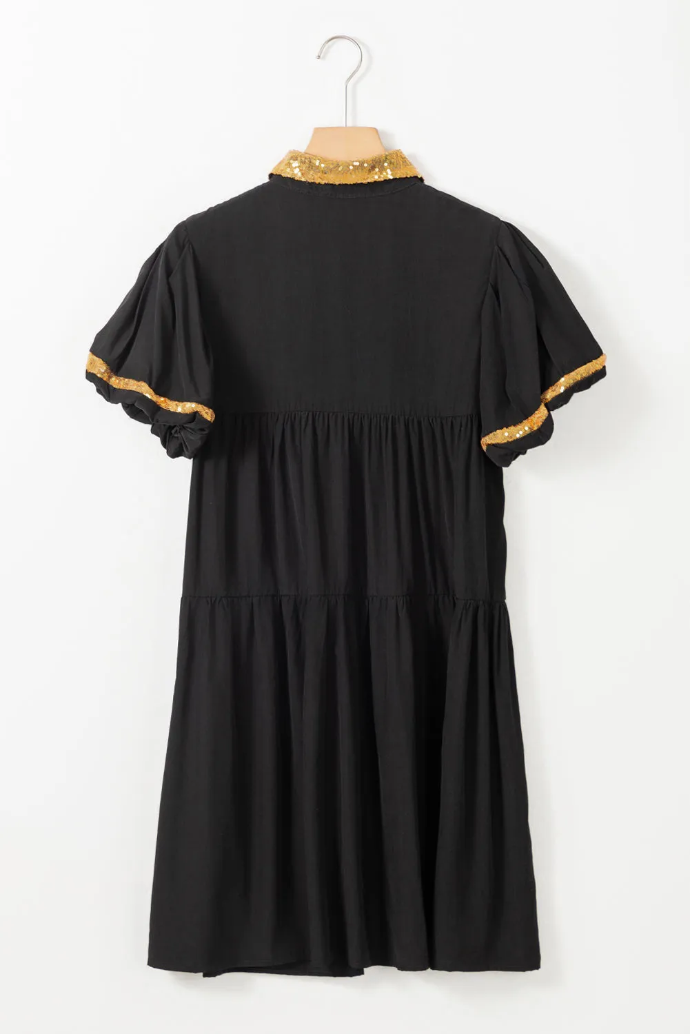 Black Sequin Trim Bubble Sleeve Game Day Shirt Dress