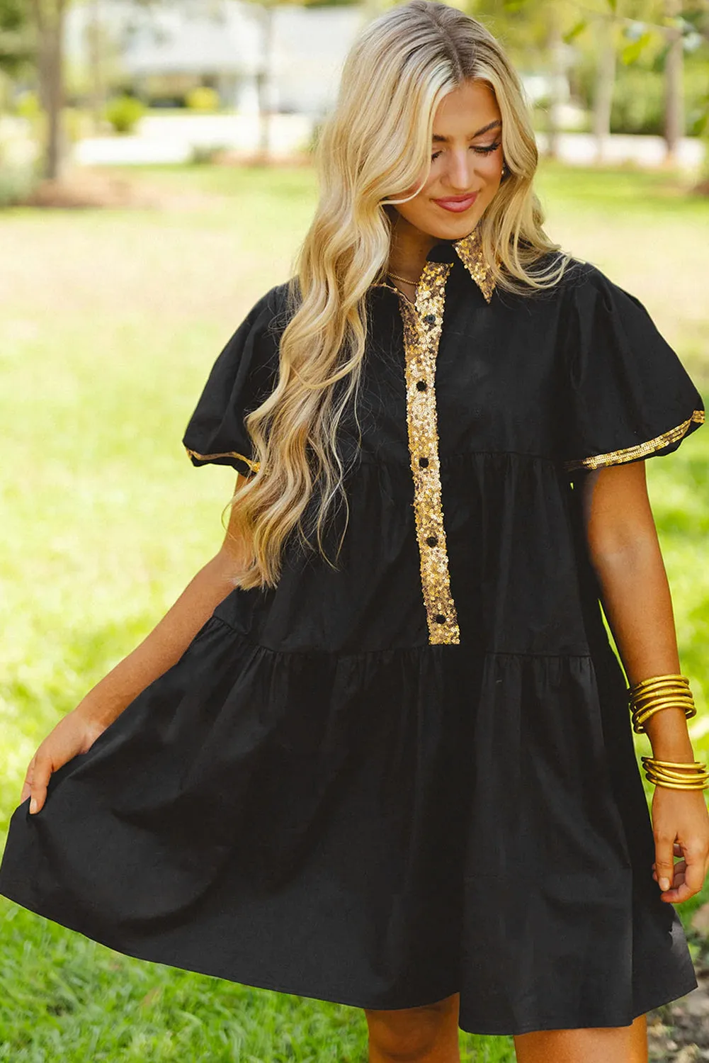 Black Sequin Trim Bubble Sleeve Game Day Shirt Dress