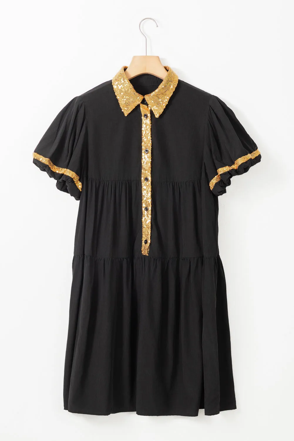 Black Sequin Trim Bubble Sleeve Game Day Shirt Dress