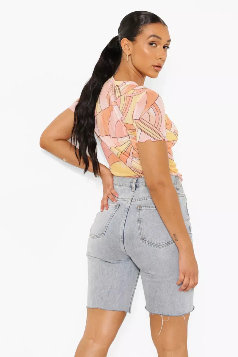 Boohoo Abstract Floral Printed Mesh Short Sleeve Womens Top