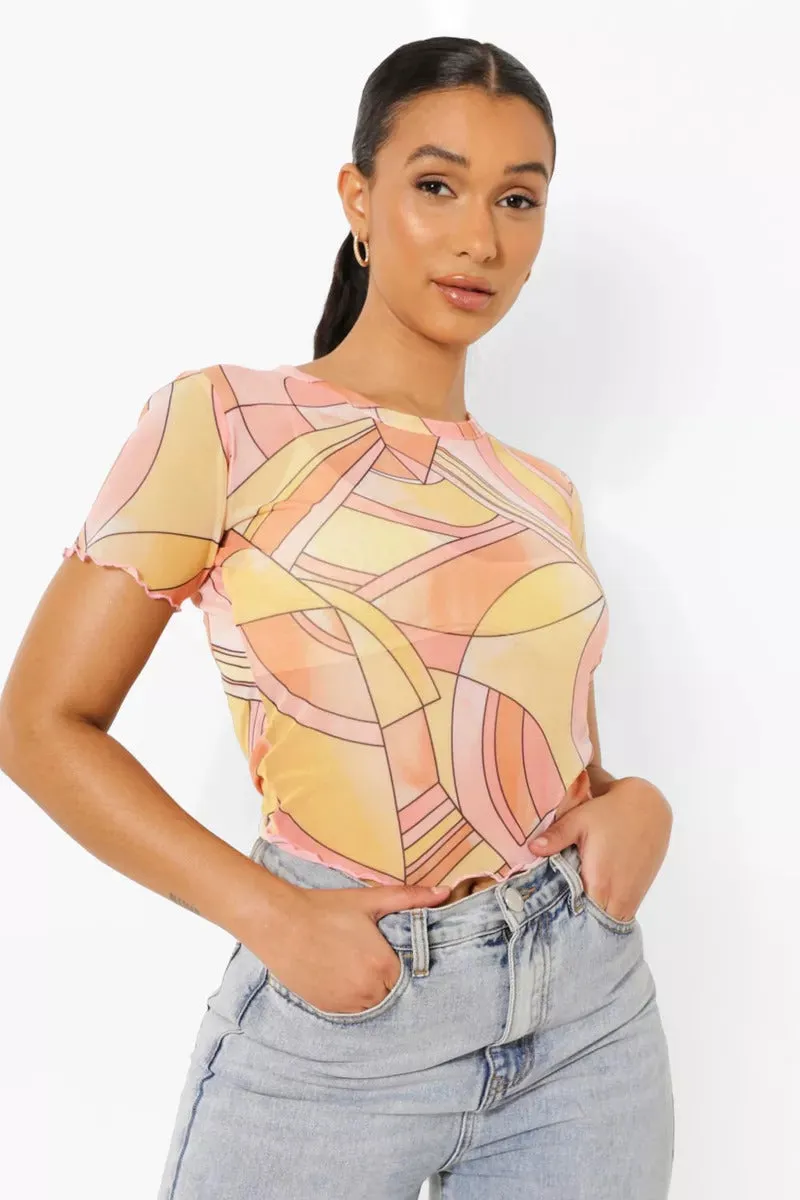 Boohoo Abstract Floral Printed Mesh Short Sleeve Womens Top