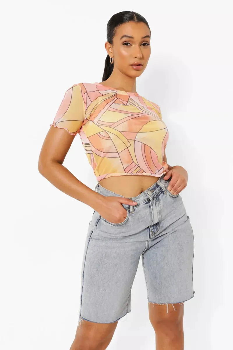 Boohoo Abstract Floral Printed Mesh Short Sleeve Womens Top