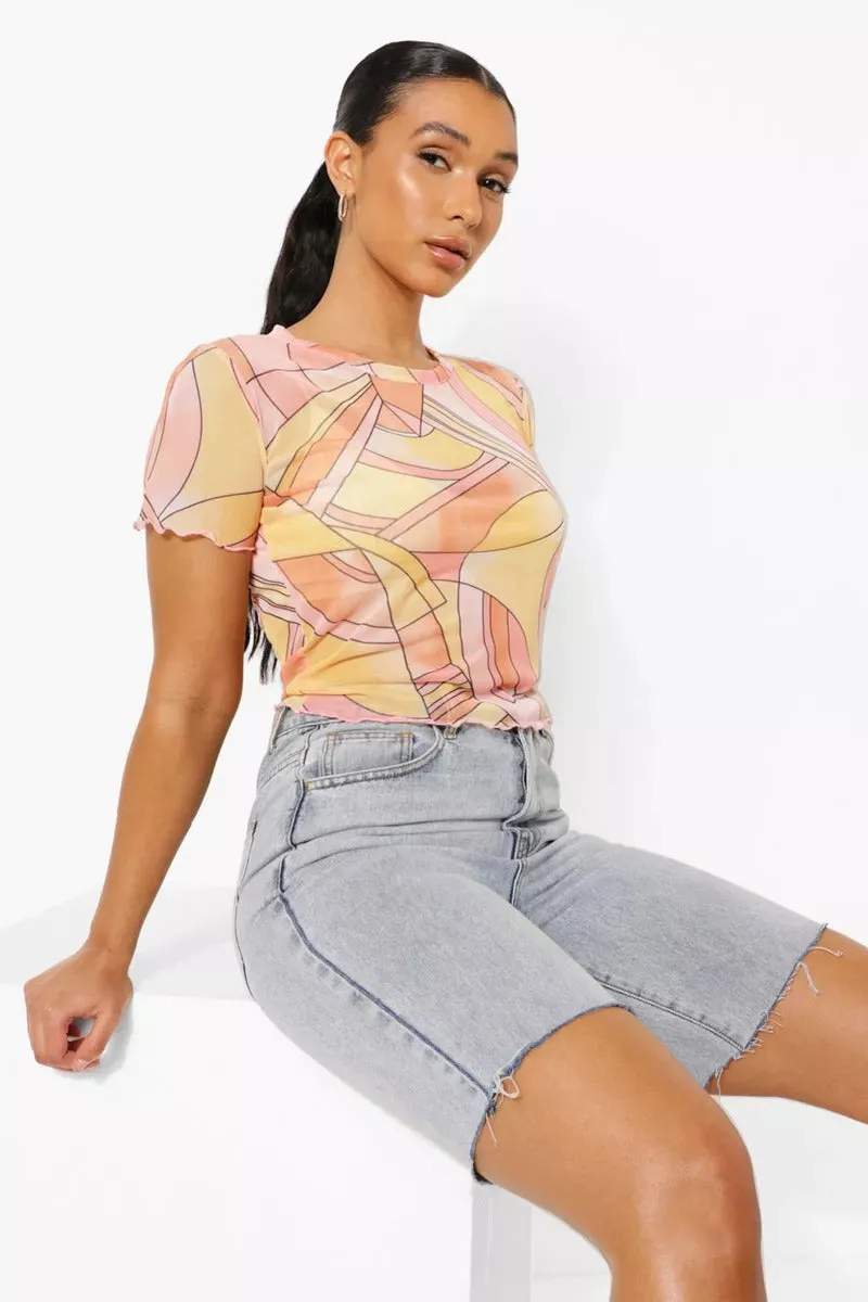 Boohoo Abstract Floral Printed Mesh Short Sleeve Womens Top