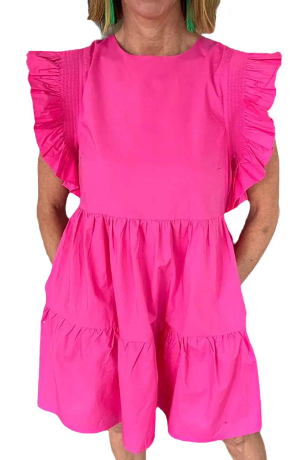 Bright Pink Smocked Ruffle Mini Tiered Dress