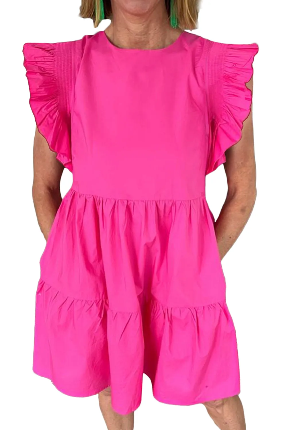 Bright Pink Smocked Ruffle Mini Tiered Dress