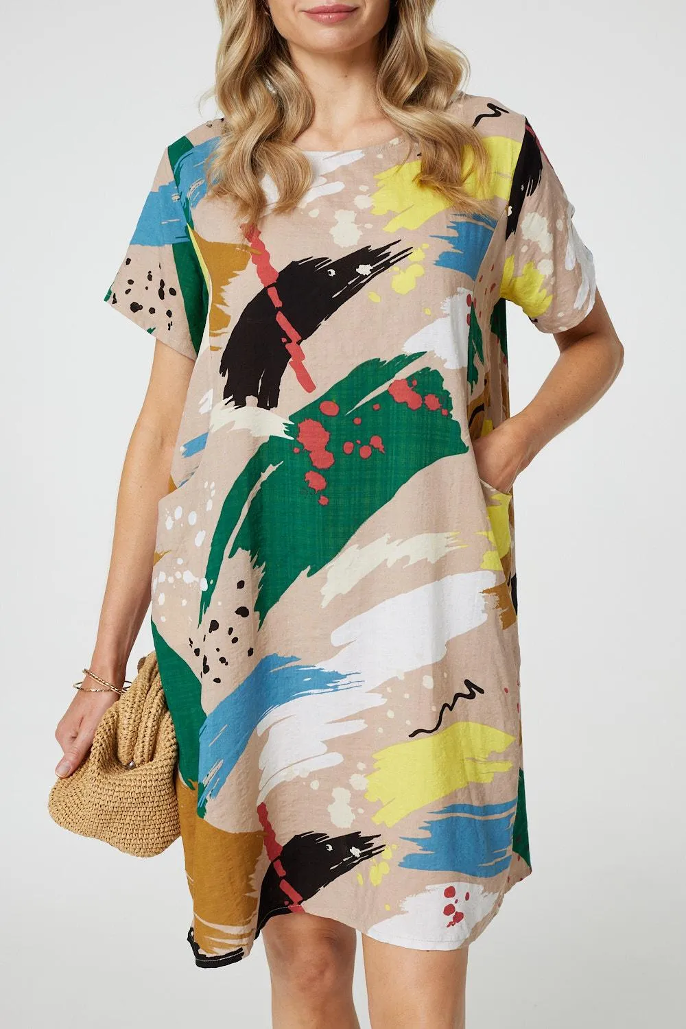 Brushstroke Print Knee Length Shift Dress