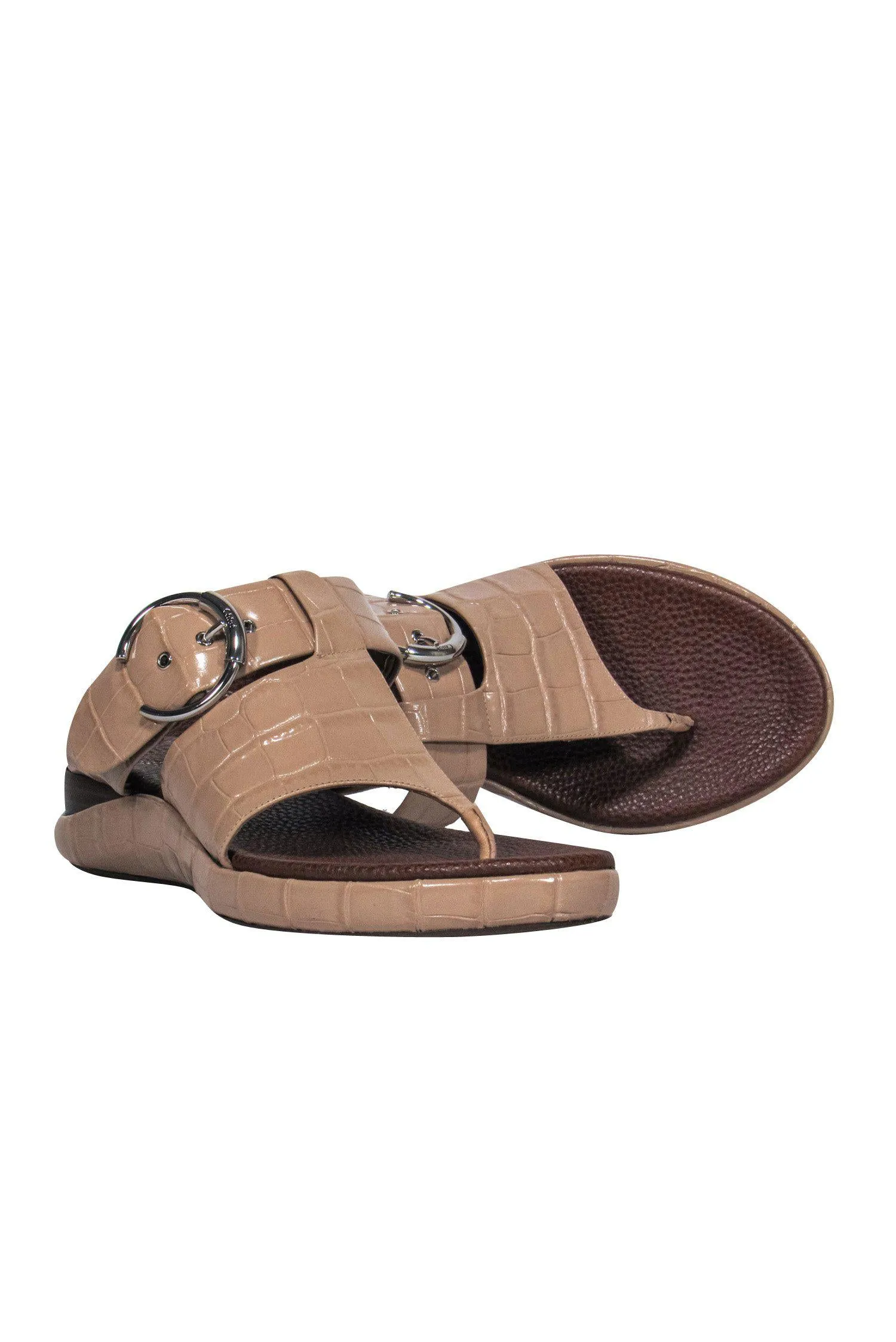 Chloe - Beige Patent Embossed Leather Thong Sandals w/ Buckles Sz 10