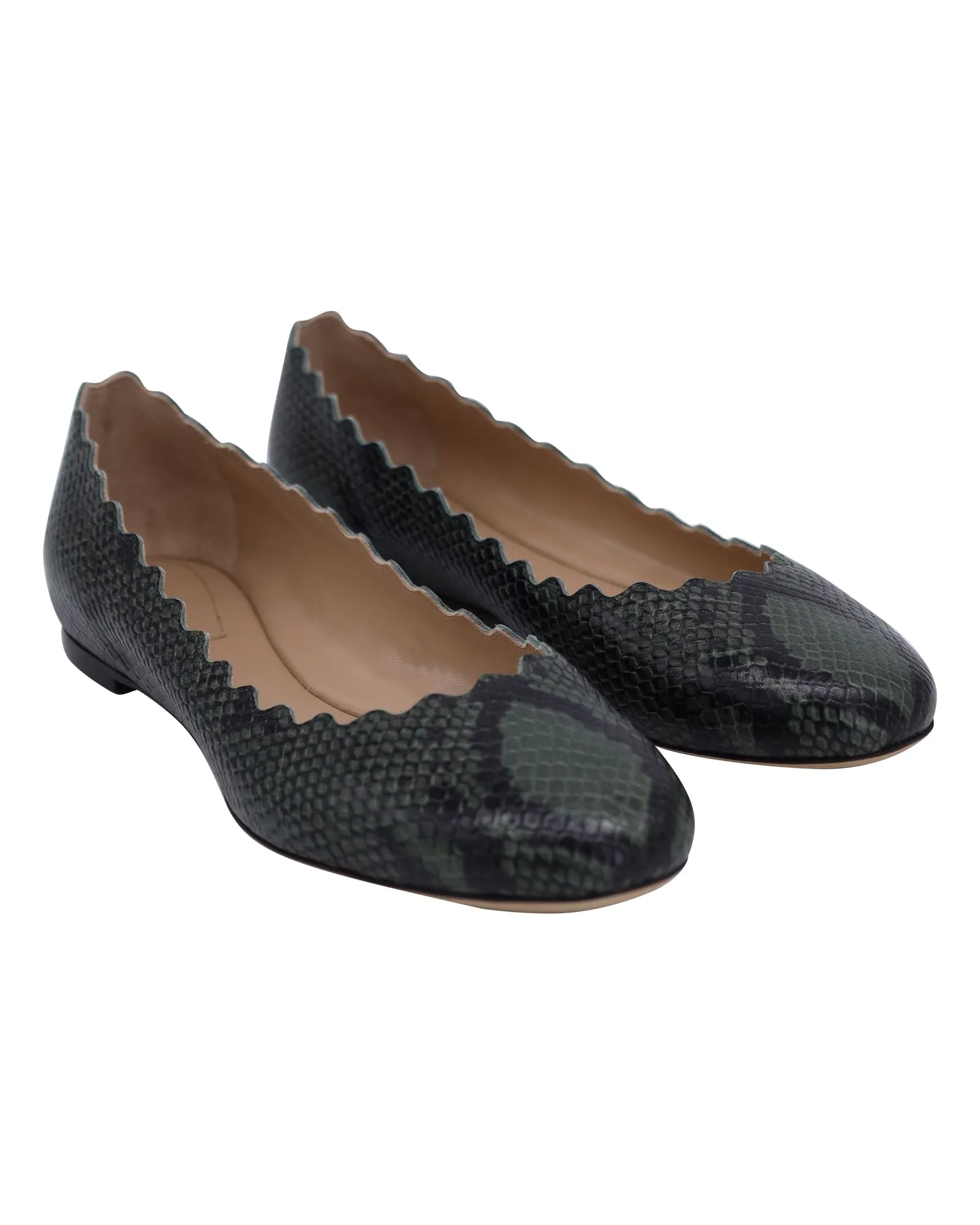 Chloe Python-Embossed Lauren Ballet Flats in Green Leather