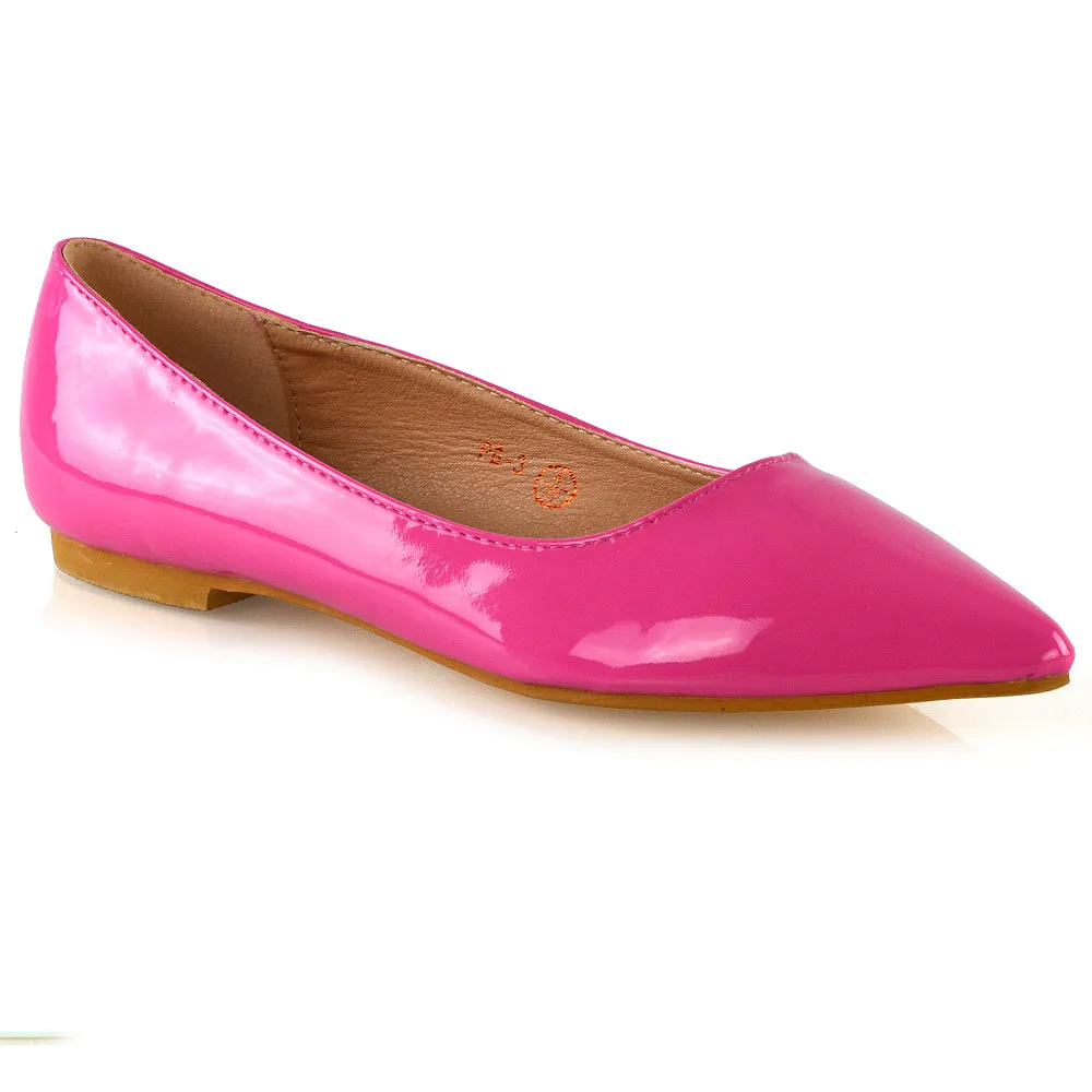 Cordelia Slip on Pointed Toe Flat Ballerina Pump Shoes In Fuchsia Patent