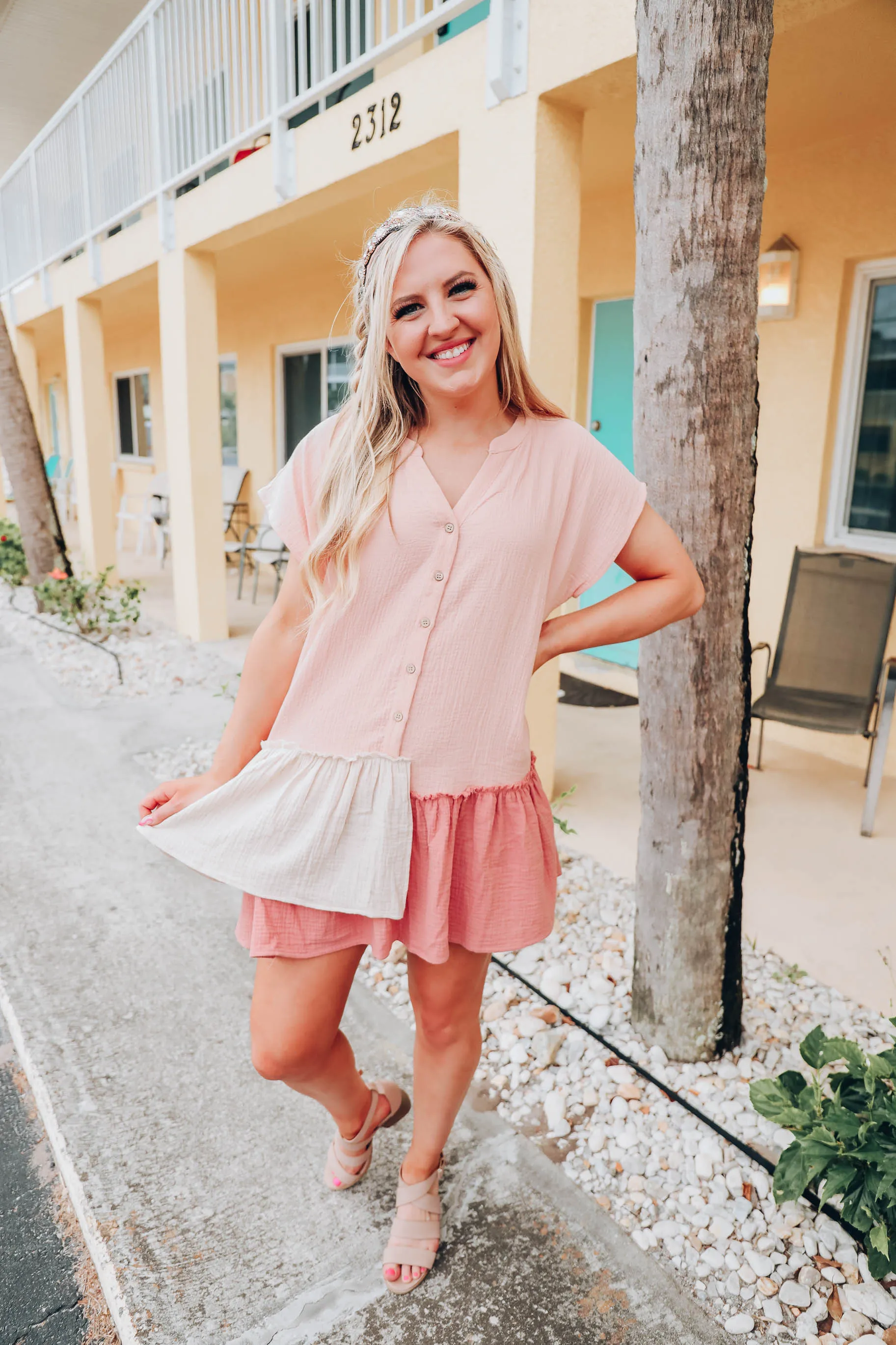 Crinkle Cotton Ruffle Mini Dress - Blush