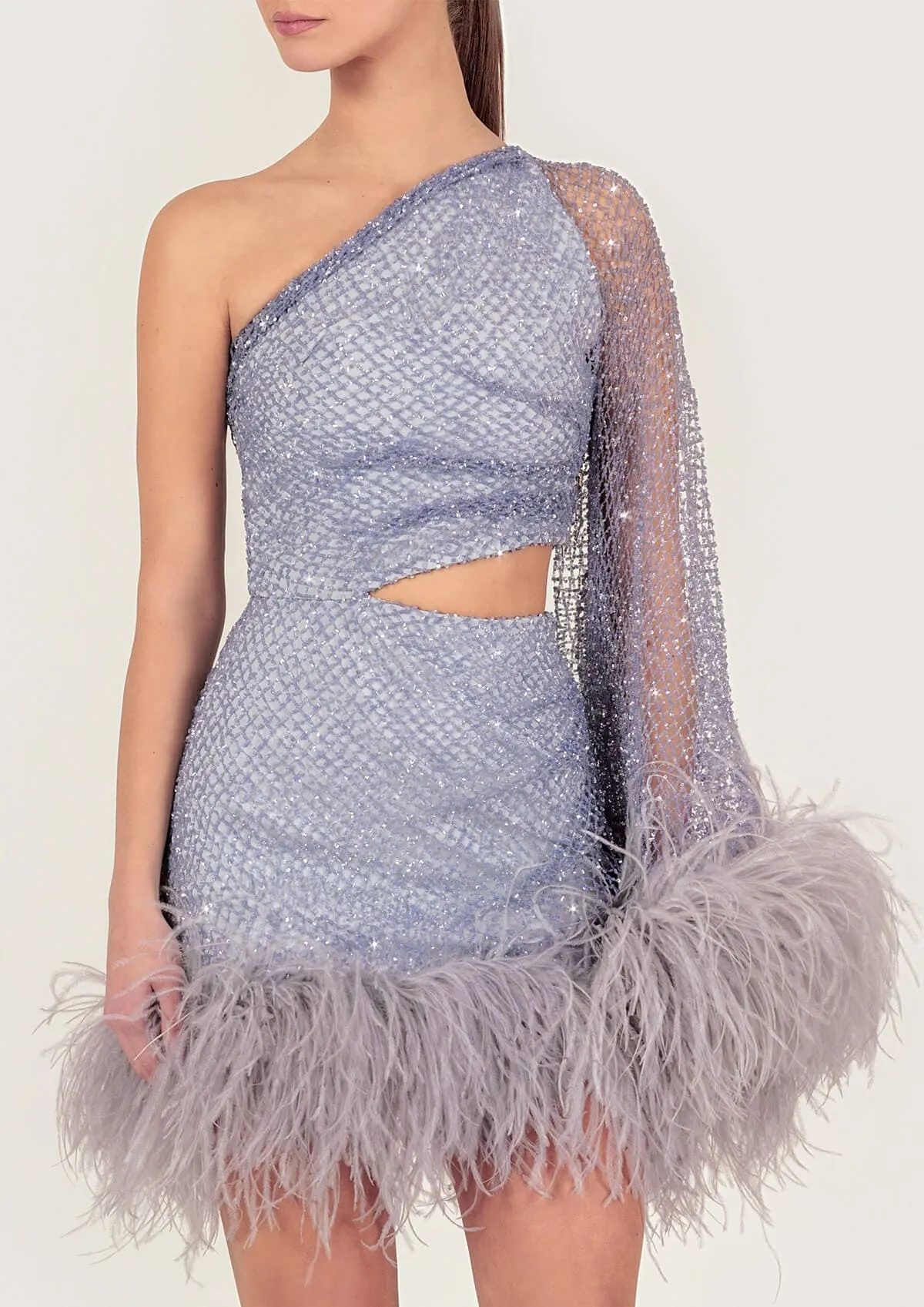 Cut-Out Asymmetric Feathered Crystal Mini Dress