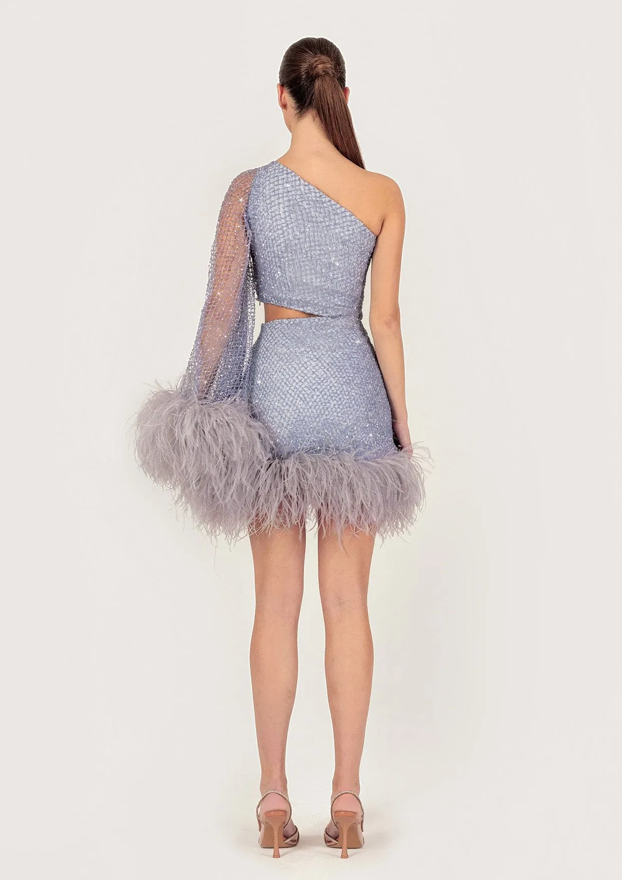 Cut-Out Asymmetric Feathered Crystal Mini Dress