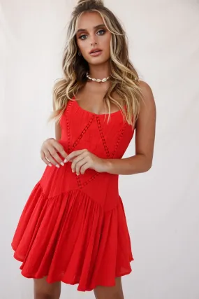 Darma Crochet Detail Fluted Hem Dress Red