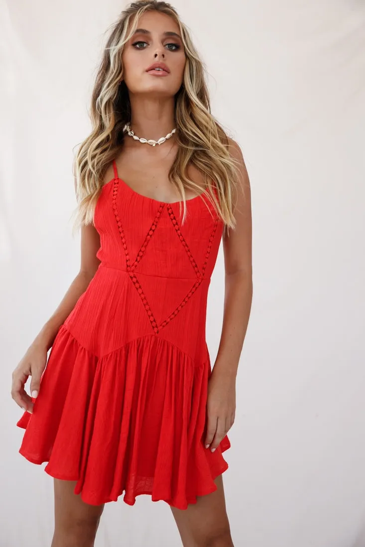 Darma Crochet Detail Fluted Hem Dress Red