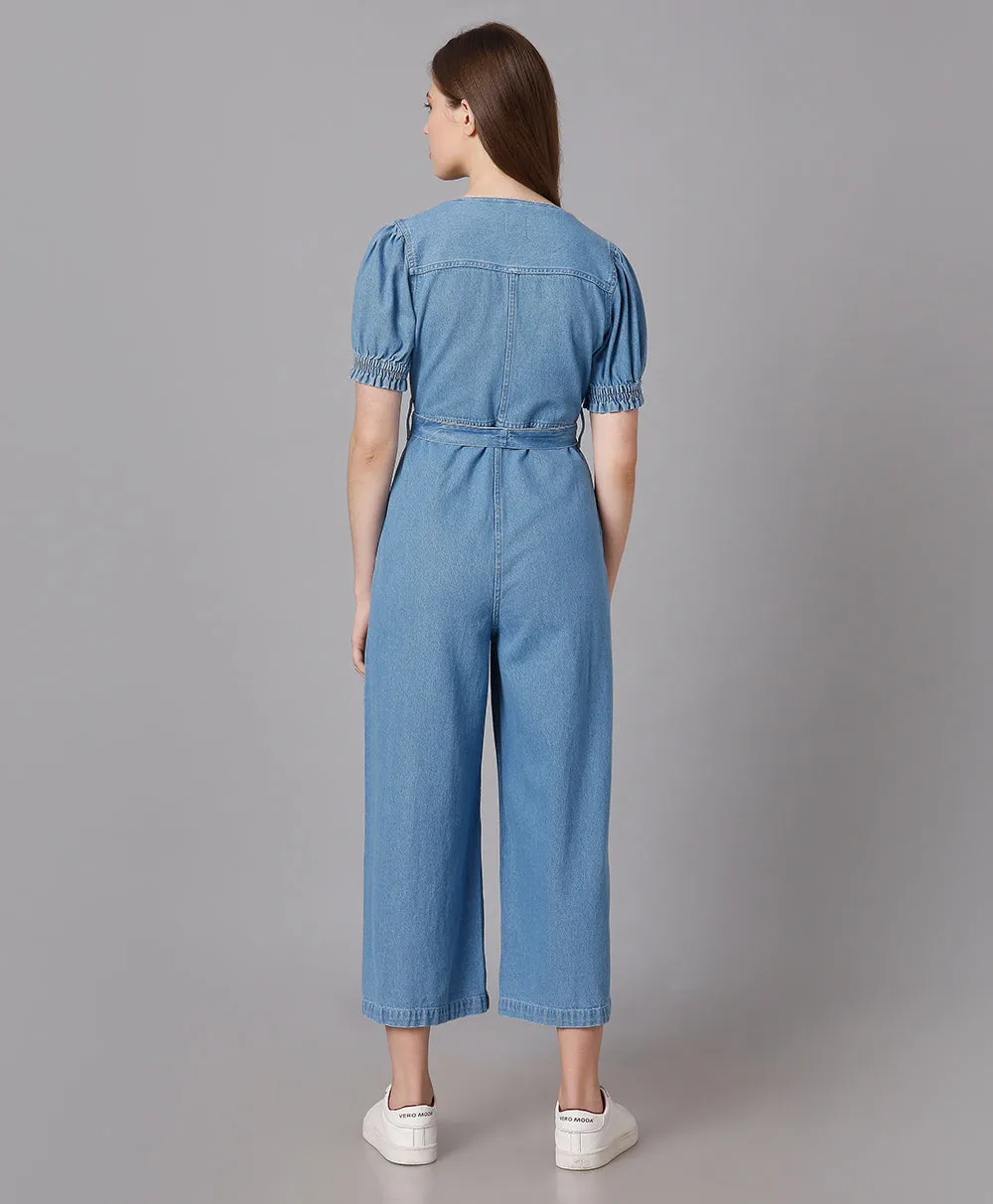 Denim Jumpsuit with Puff Sleeves