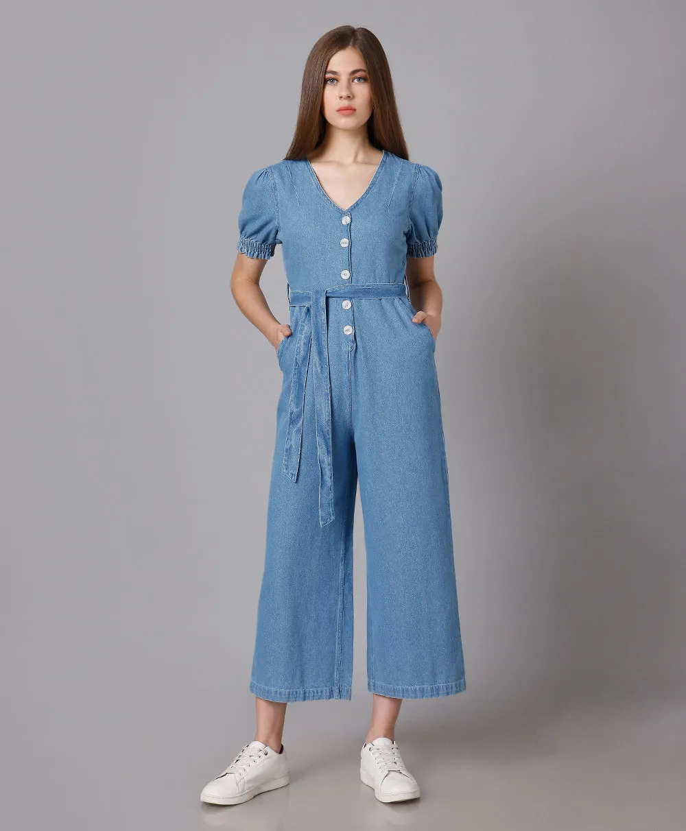 Denim Jumpsuit with Puff Sleeves