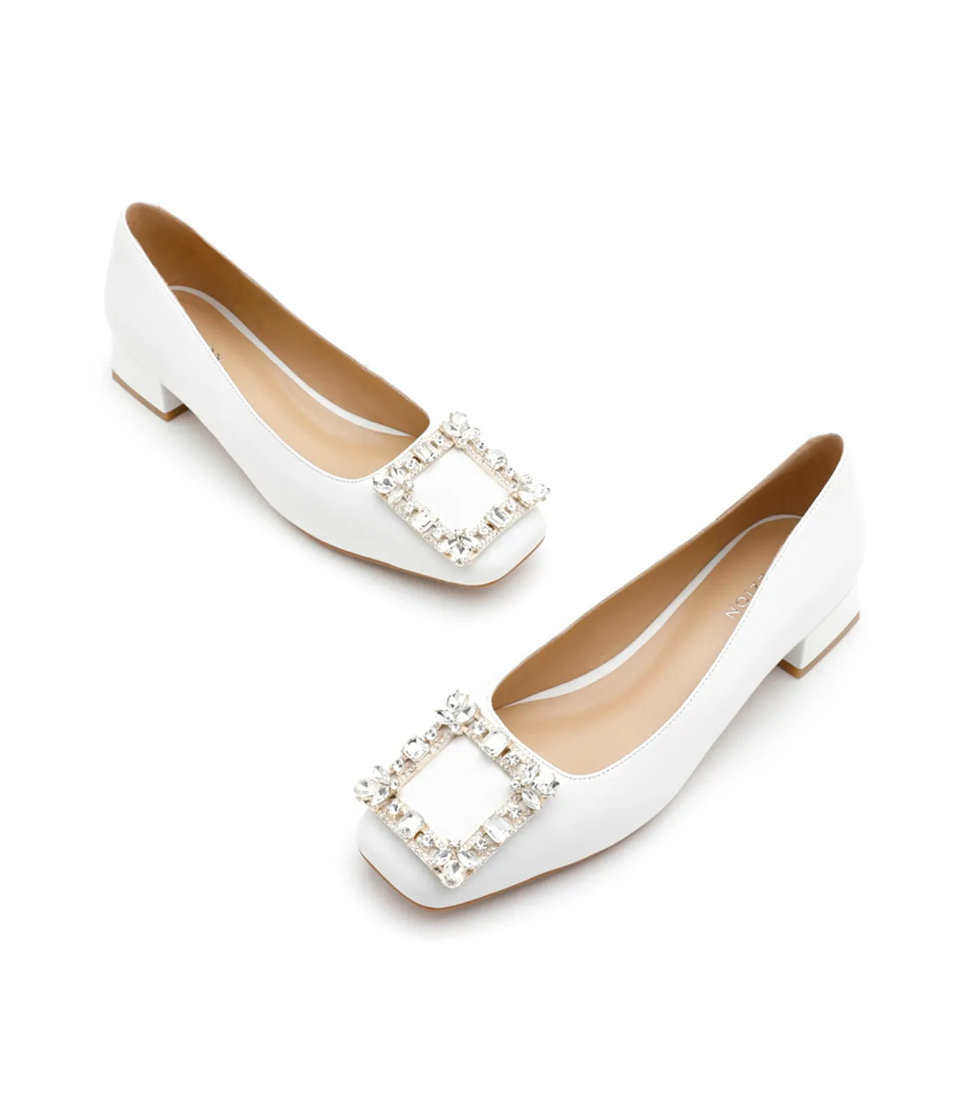 Diamante Buckle Leather Heels White