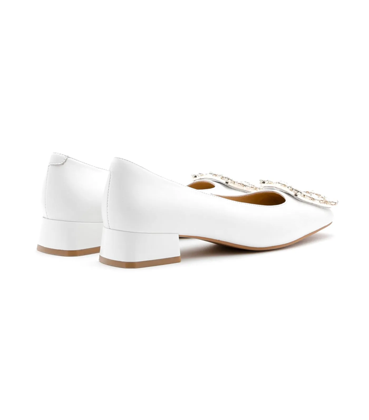 Diamante Buckle Leather Heels White