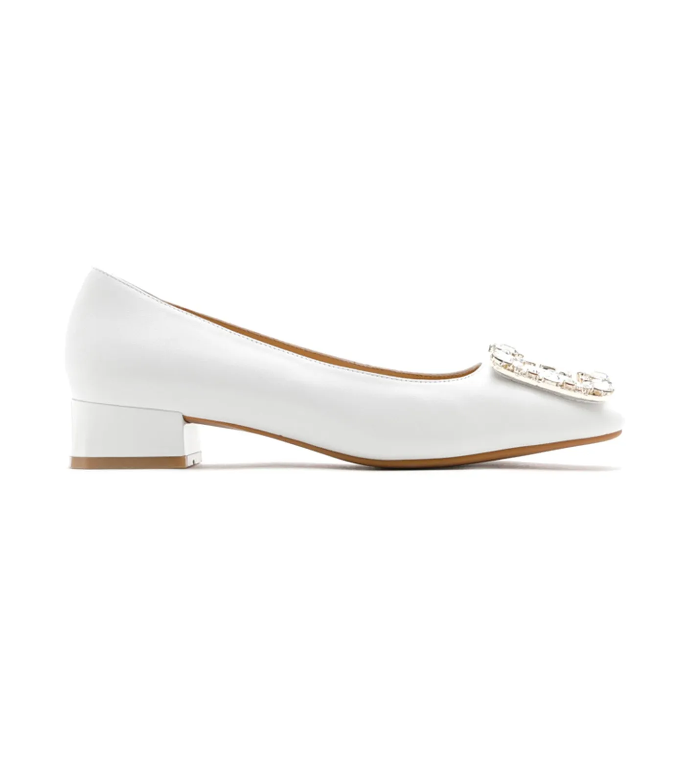 Diamante Buckle Leather Heels White