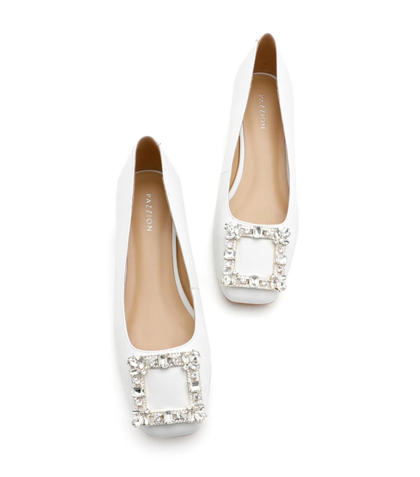 Diamante Buckle Leather Heels White