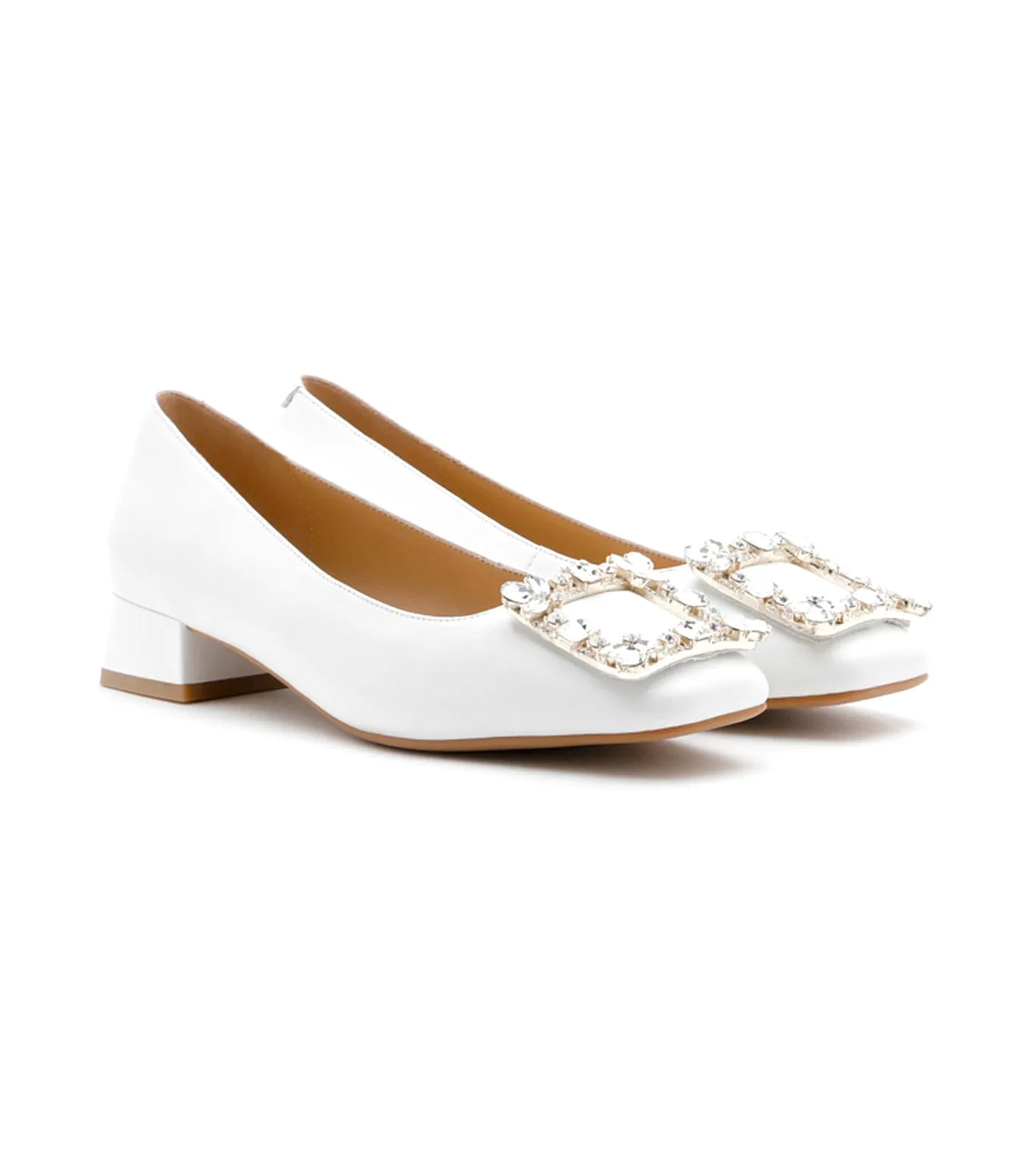 Diamante Buckle Leather Heels White