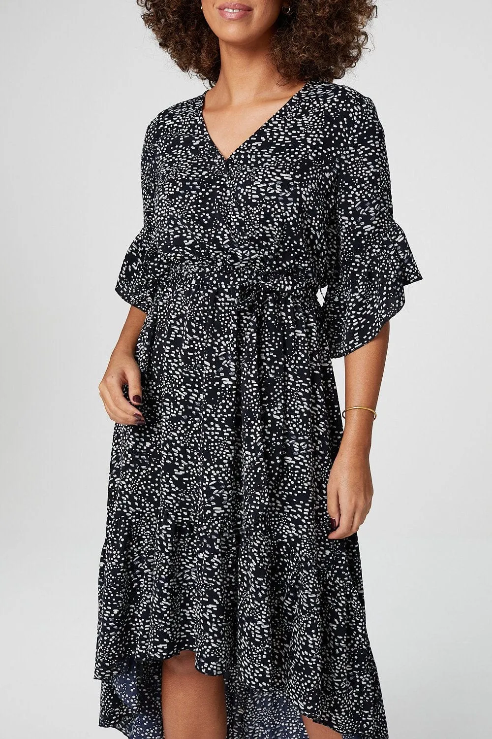 Ditsy Print Wrap Front Midi Dress