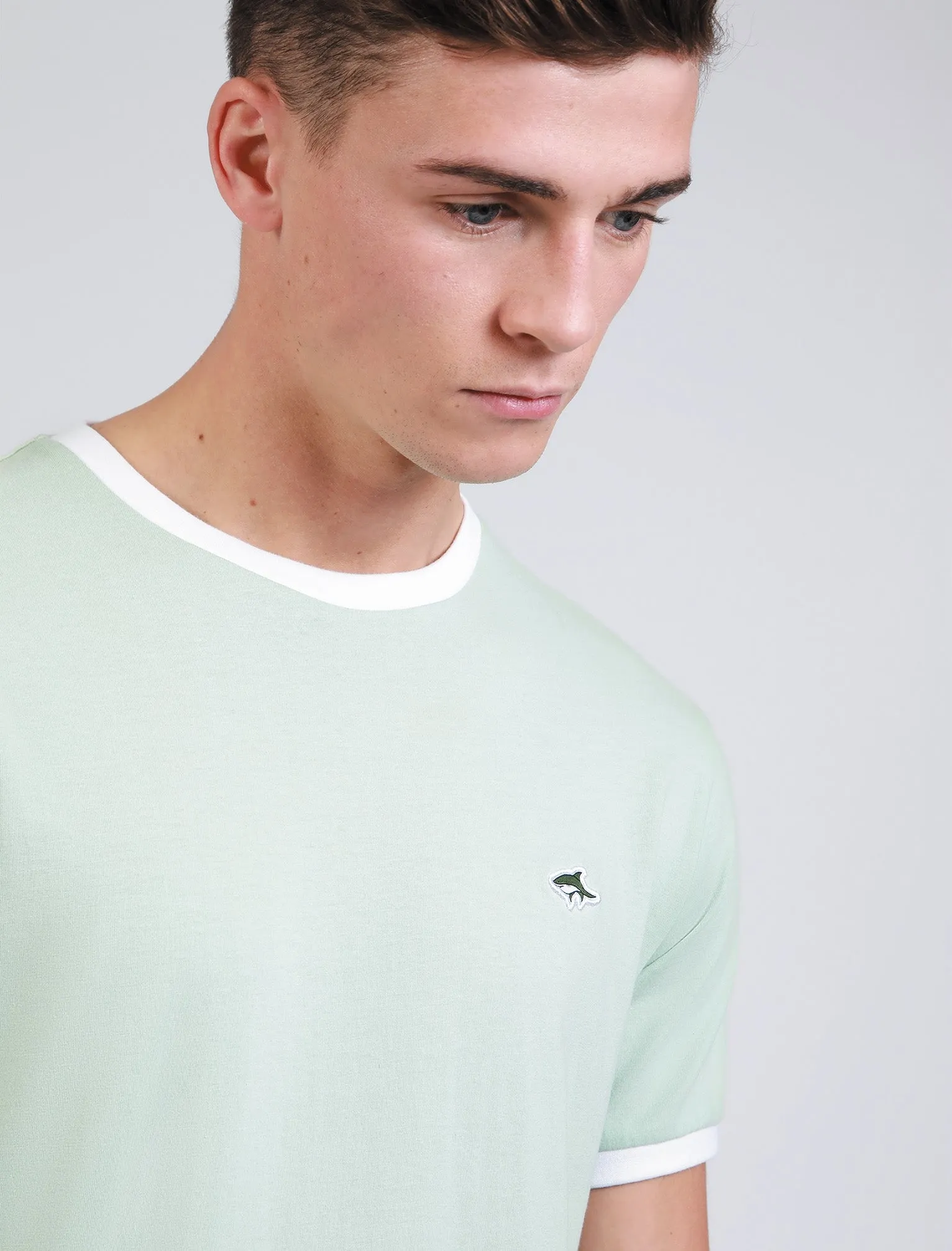 Earl Cotton Jersey Crew Neck Ringer T-Shirt In Silt Green - Le Shark