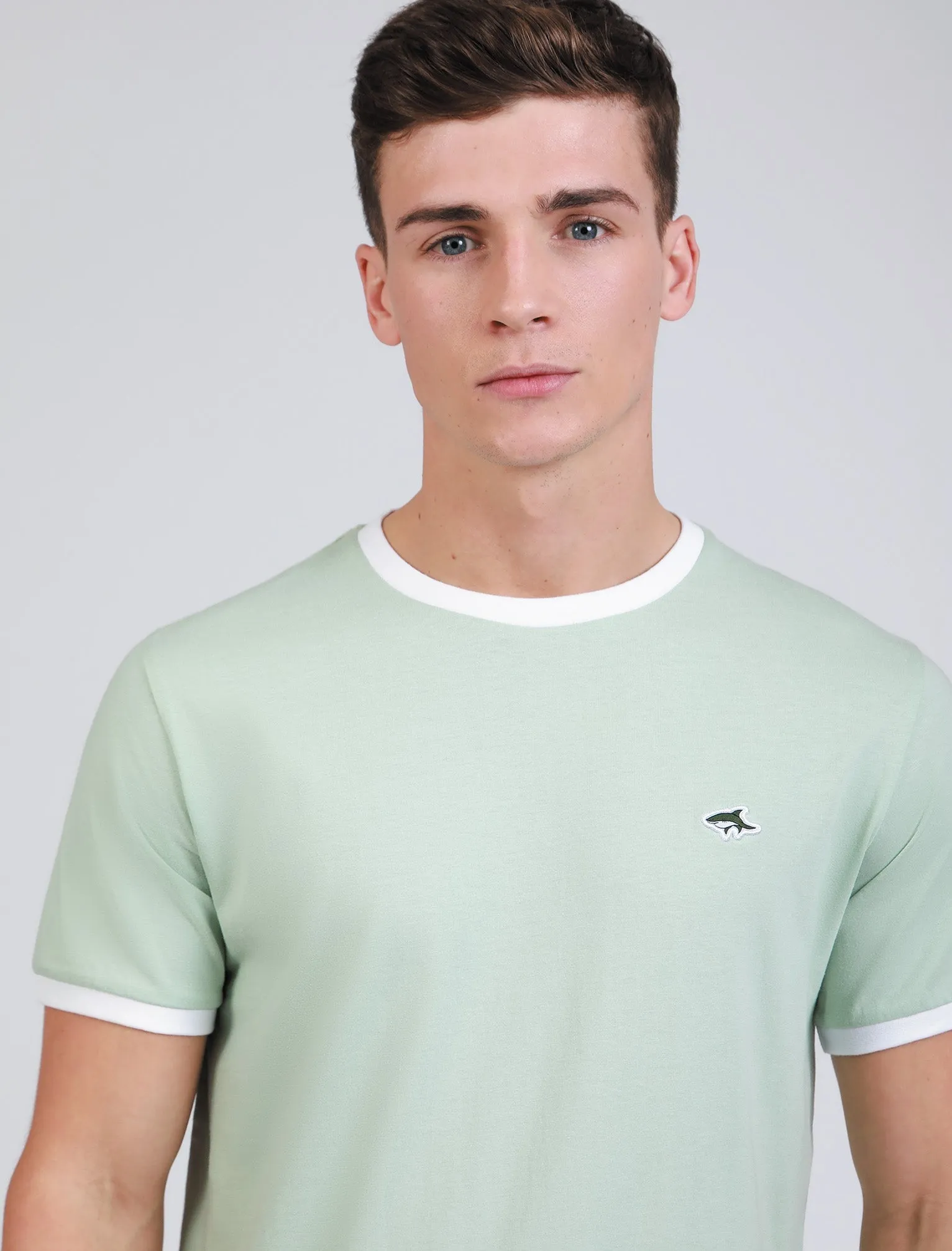 Earl Cotton Jersey Crew Neck Ringer T-Shirt In Silt Green - Le Shark